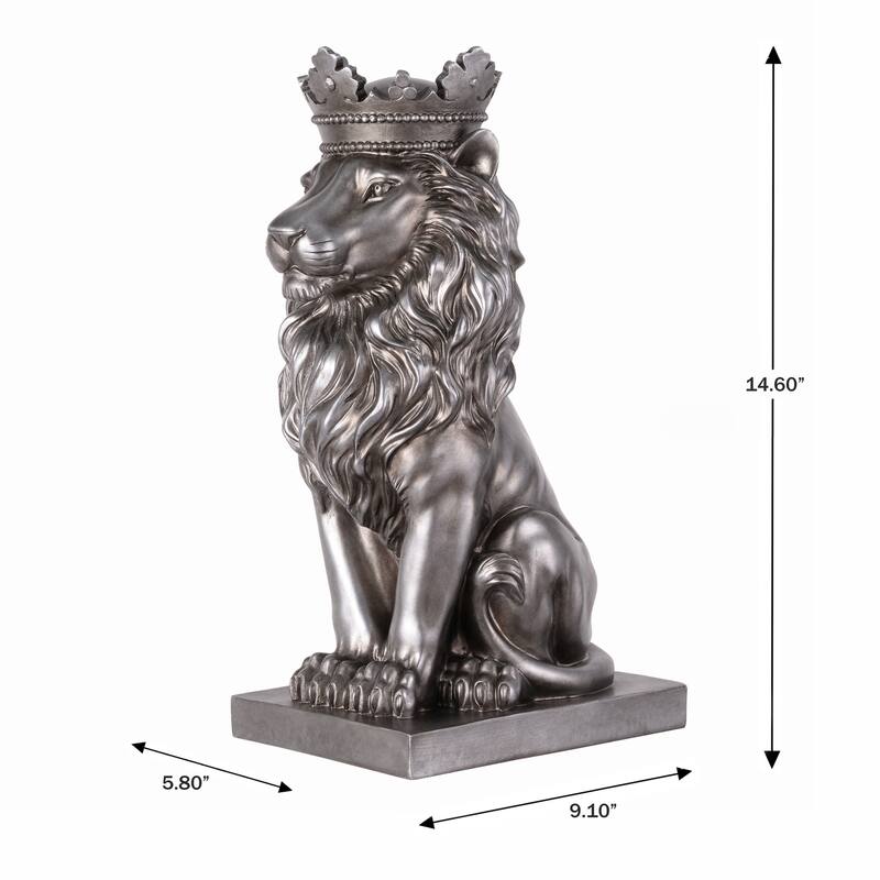 Solid Sitting Lion with Crown Statue - 14.5" - Silver