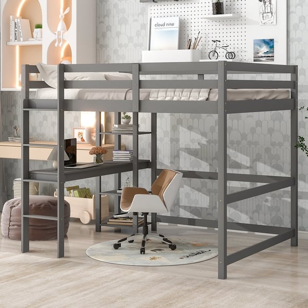 slide 2 of 10, Grey Full Size Wood Loft Bed with built-in desk, Safety Guardrails and Ladder for Kids, Boys and Girls Full - Grey