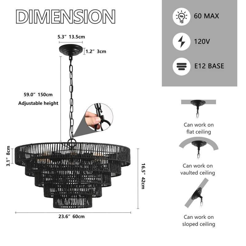 24" Modern 5-Layer Woven Hemp Rope Chandelier, Boho Style Pendant Light, Elegant Hanging Light Fixture for Living Room, Bedroom