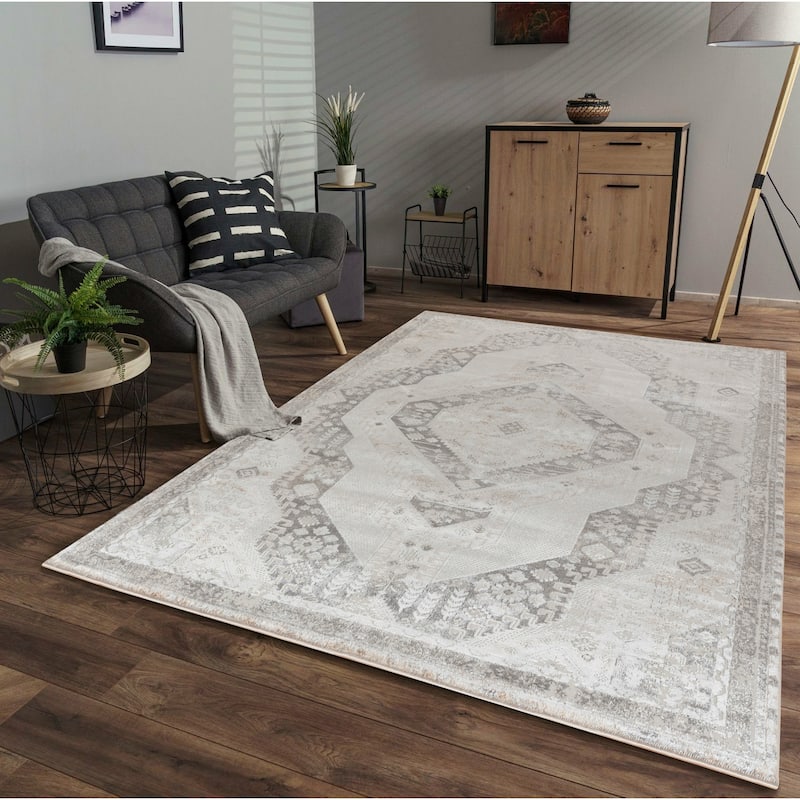 Omari Collection Cream/Grey Abstract Traditional Area Rug