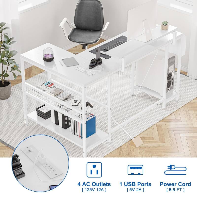 L Shaped Computer Desk with Power Outlets & LED Light