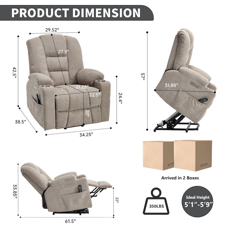 Power Lift Recliner Chair with Massage & Heat, Heavy Duty Electric Recliner, Recliner Chair with USB Ports & 2 Cup Holders - khaki