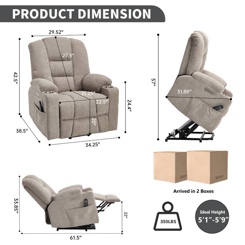 Roomfitters Oversized Power Lift Recliner, Massage Chair with USB A & C Ports and Dual Steel Cup Holders