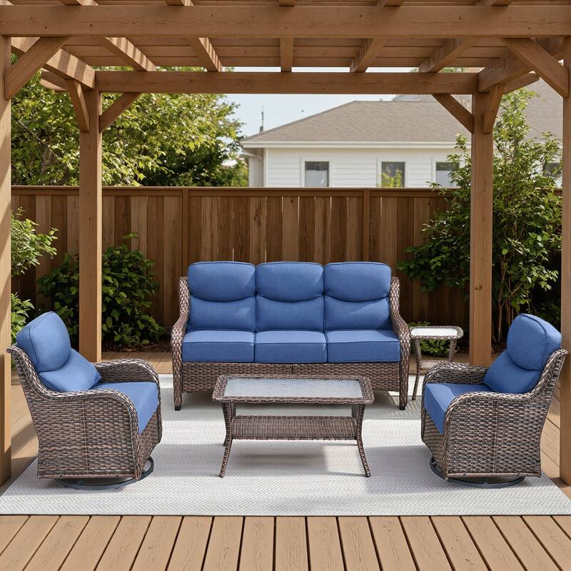 Meyreso 7-Piece Wicker Patio Conversation Set with Swivel Gliders and 6-Inch Thick Cushions - Brown/Navy Blue - 5-Piece
