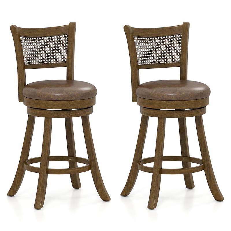 Gymax Set of 2 Bar Stools 25'' Swivel Bar Chairs w/ PE Rattan Backrest - Counter Height - Brown - Set of 2