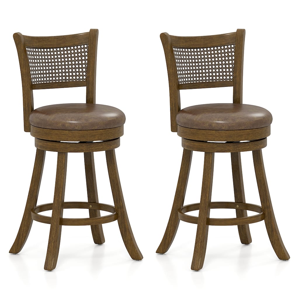 Gymax Set of 2 Bar Stools 25'' Swivel Bar Chairs w/ PE Rattan Backrest