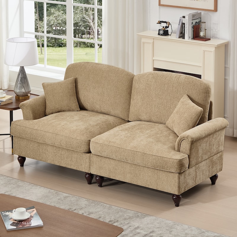 Mid-Century 2-Seat Sofa Couch with Flared Arms & Removable Ruffled Skirts, Retro Chenille Upholstered Loveseat for Living Room