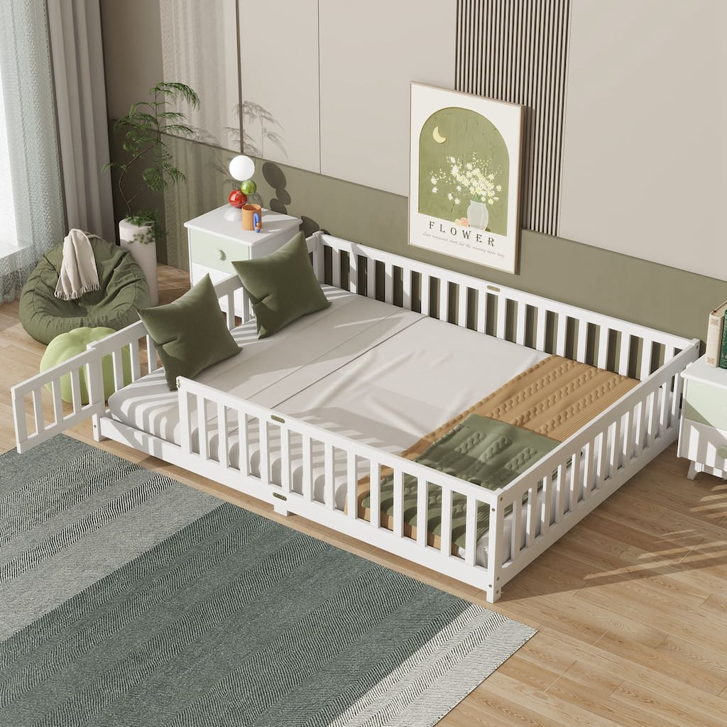 Queen Size Floor Bed with Fence,Door,Rubber Wood Floor Bed with Safety Guardrails