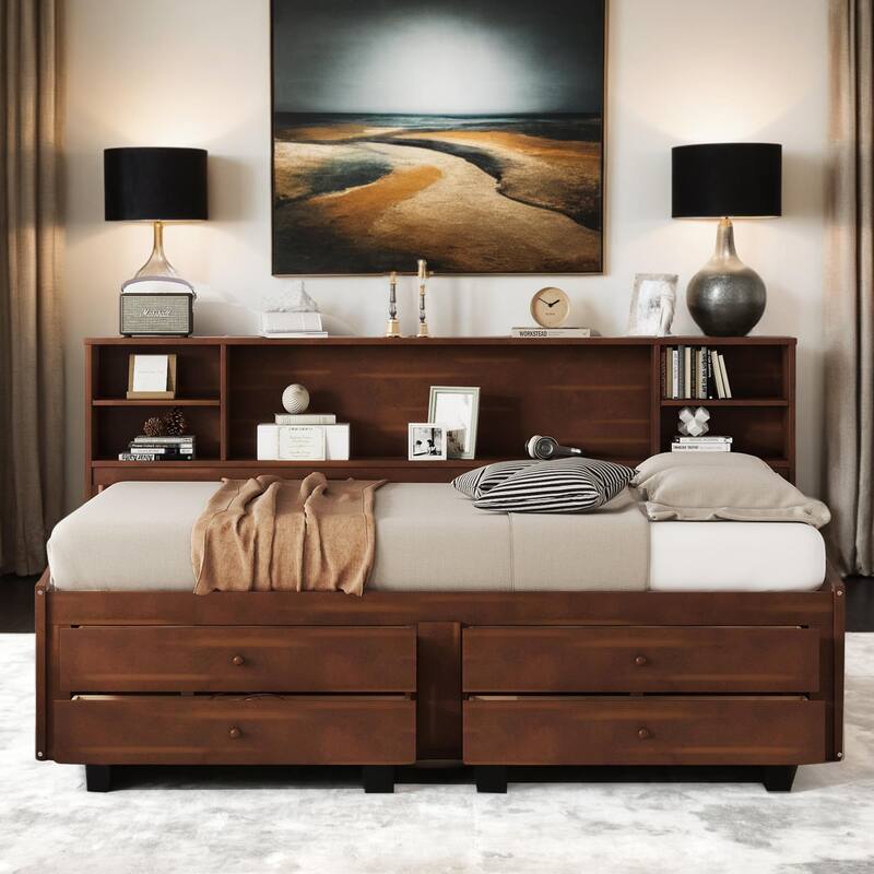 Full Size Wooden Captain Bed with Built-in Storage Shelves, 4 Drawers and 2 Cabinets, Antique Brown