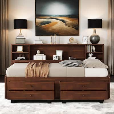 Full Size Wooden Captain Bed with Built-in Storage Shelves, 4 Drawers and 2 Cabinets, Antique Brown