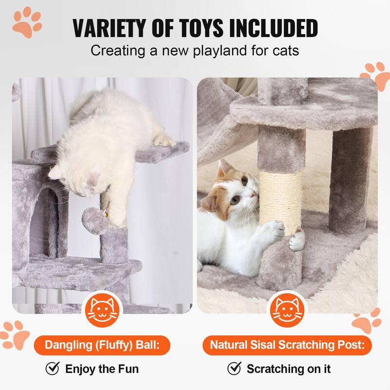 Cat Tree for Indoor Cats, 63" Cat Tower with 2 Cat Condos, Sisal Scratching Post, Hammock, Top Perch, Jumping Platforms,