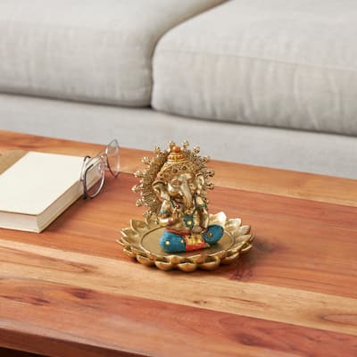 Gold Resin Ganesh Decorative Sculpture with Lotus Plate and Colorful Dresswear