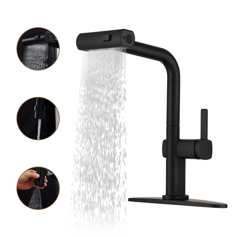 Single Handle Pull Out Sprayer Kitchen Faucet with 3 Functions Spray, 360° swivel