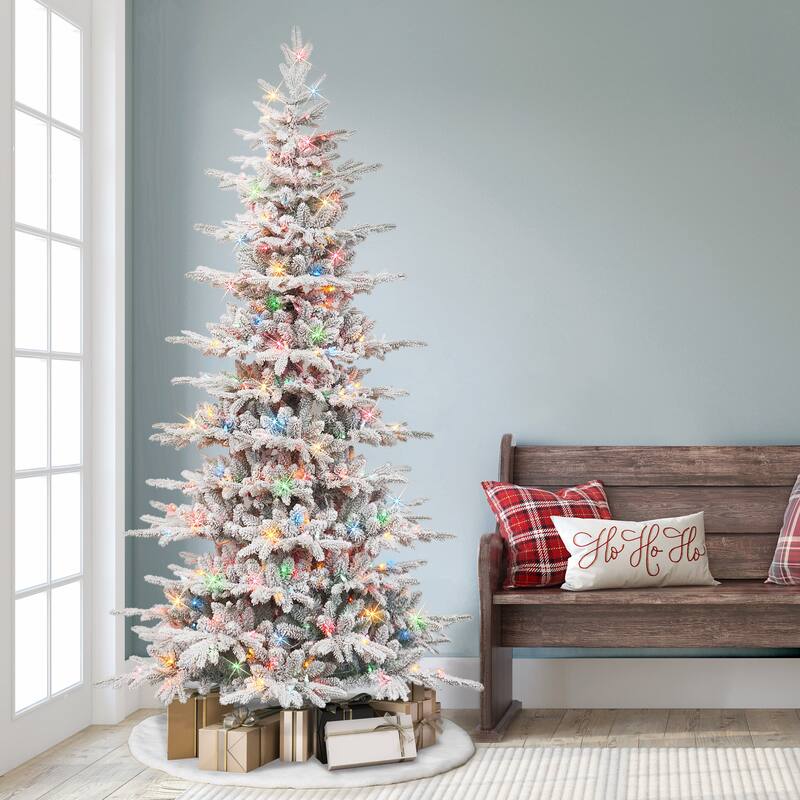 Puleo International 7.5 ft. Pre-Lit Slim Flocked Artificial Utah Fir Tree