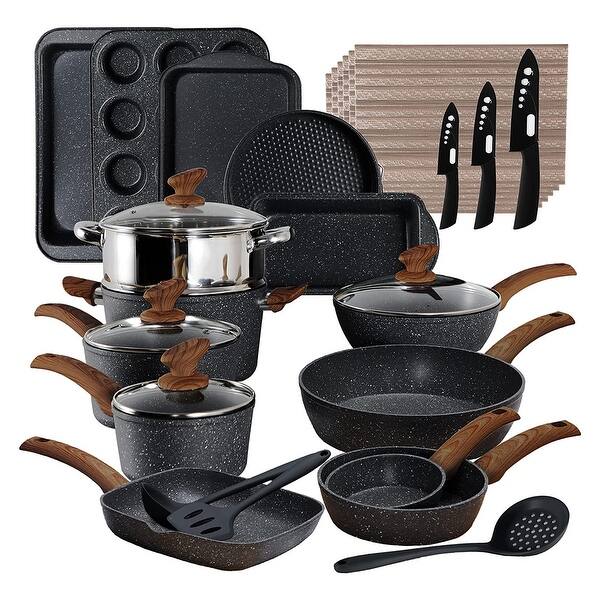 30-Piece Kitchen Black Granite Cookware and Bakeware Set, Cooking Pans Set Non-Stick Pots and Pans Set