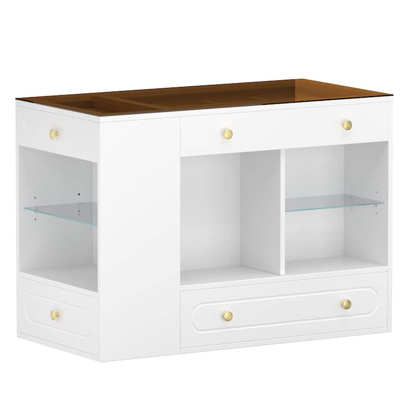Closet Island with 6 Drawers, Wardrobe Armoire Bedroom Island with Glass Display Top and Open Shelves, Jewelry Storage