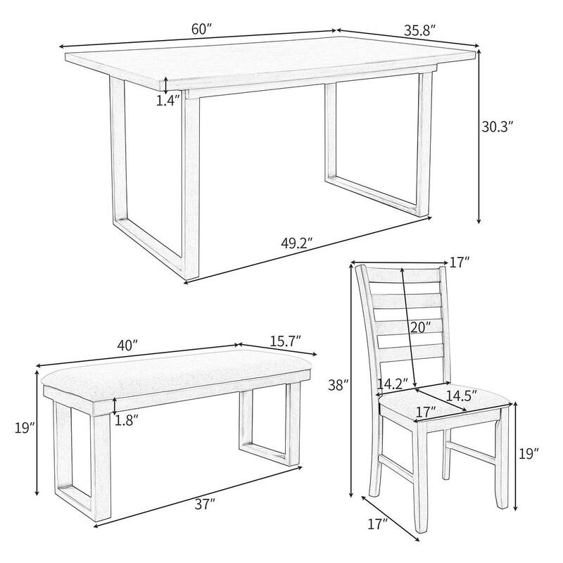 60'' Rectangular Solid Wood Dining Table with 4 Upholstered Chairs and Bench