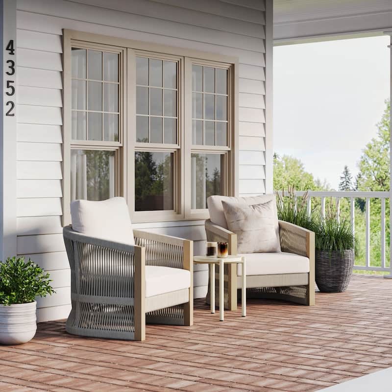 Jagger Farmhouse Patio Seating with Solid Acacia Wood Frame, Cushions, and Rope Accent - Ash White/Gray Oak - 2 Armchairs