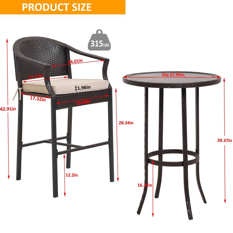 3-Piece Outdoor Wicker Bar Set, Patio Bistro Set