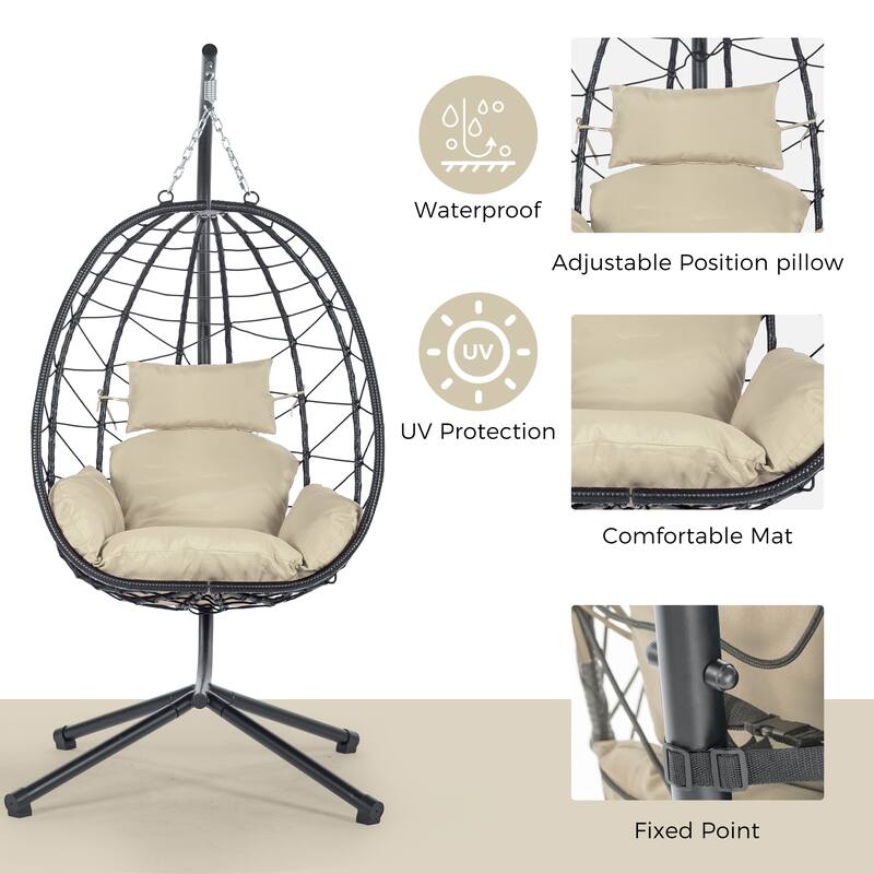 Rattan Swing Chair Hanging Chair with Anti-Slip & Anti-Floor Scratch, Egg Chair with Adjustable Position Pillow