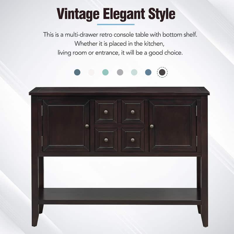 Vintage Ample Storage Console Table with 2 Large Cabinets 4 Small Drawers and Bottom Shelf