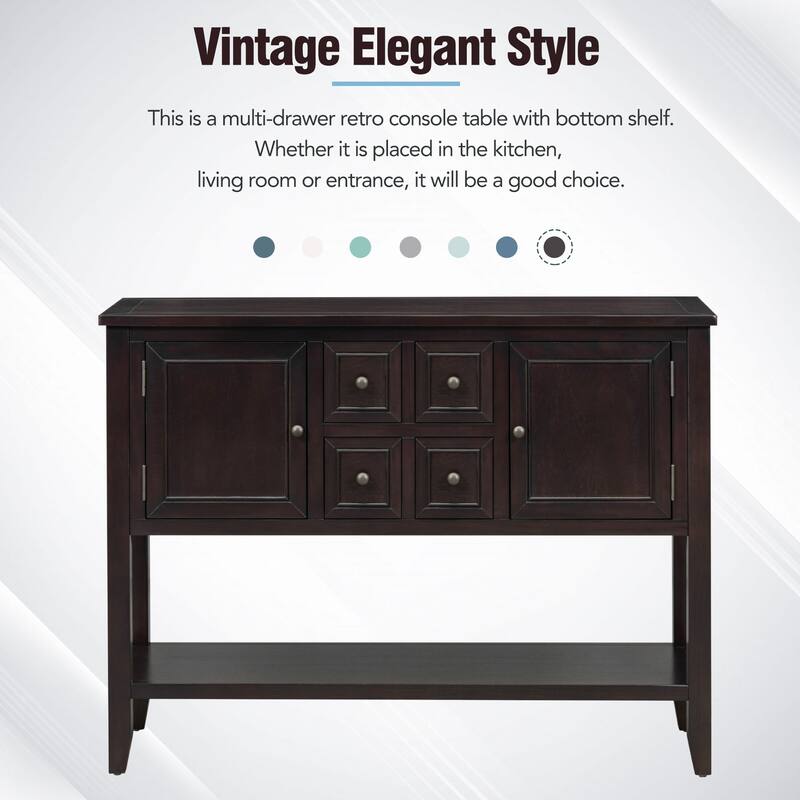 Vintage Solid Wood Console Table, 46" Living Room Storage Buffet Sideboard with 2 Doors, 4 Small Drawers and Open Bottom Shelf