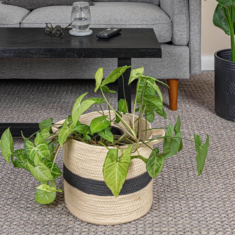 Household Essentials Handwoven Paper Rope Basket with Stripe and Handles - Black