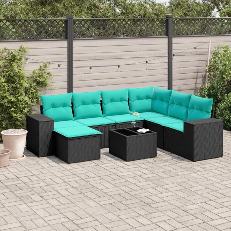 vidaXL 7 Piece Patio Sofa Set with Cushions Black Poly Rattan - 24.4 x 24.4 x 27.2-Without table