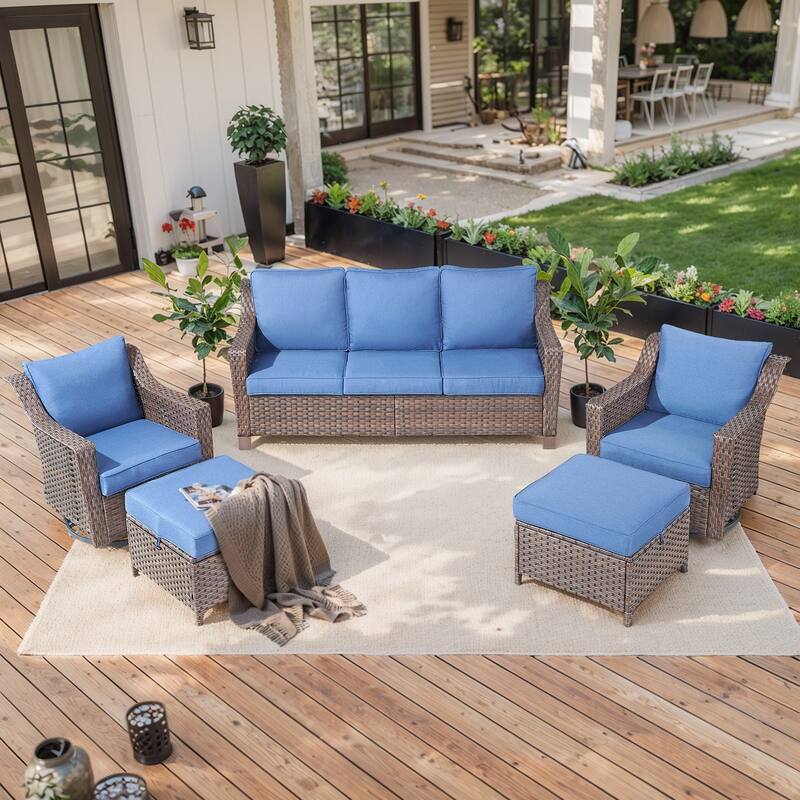 Outdoor Patio Sofa & Swive Chail with Ottoman - Blue - Brown