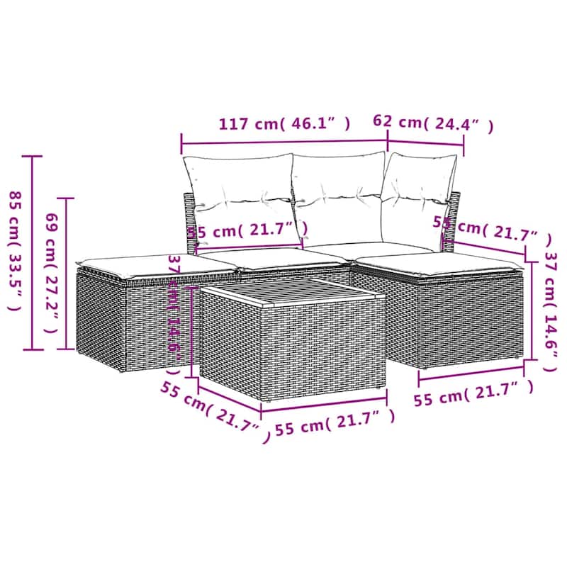 vidaXL Patio Sofa Set with Cushions Outdoor Furniture 5 Piece Poly Rattan - 24.4" x 24.4" x 27.2"