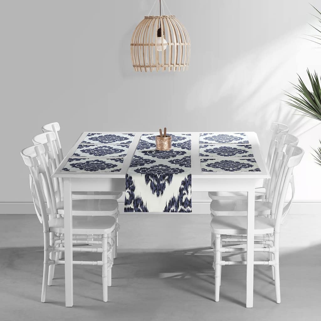 Exclusive Fabrics Ikat Blue Printed Cotton Table Runner & Placemats