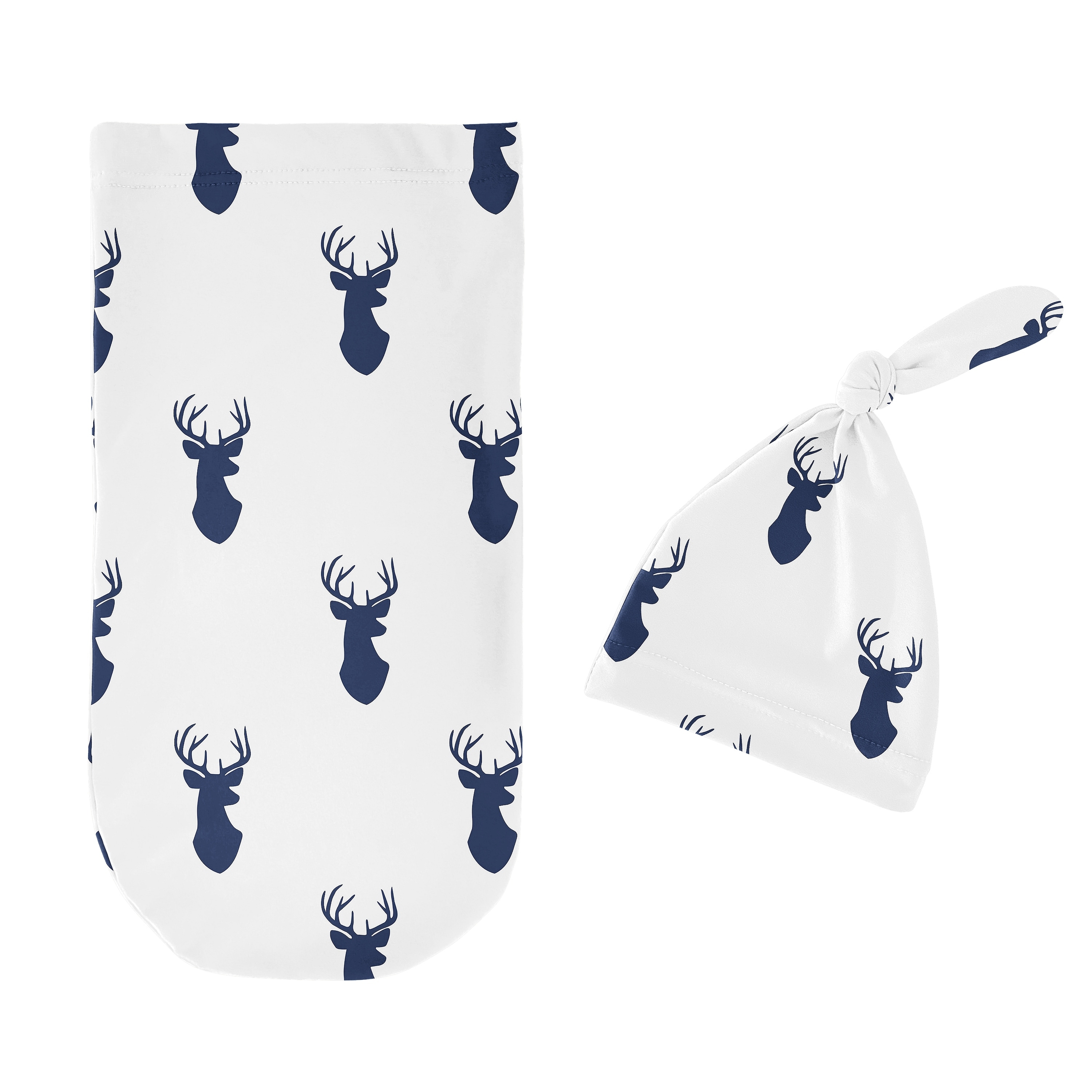Woodland Deer Collection Boy Baby Cocoon and Beanie Hat Sleep Sack 2pc Set Navy Blue and White Forest Animal Stag Antler