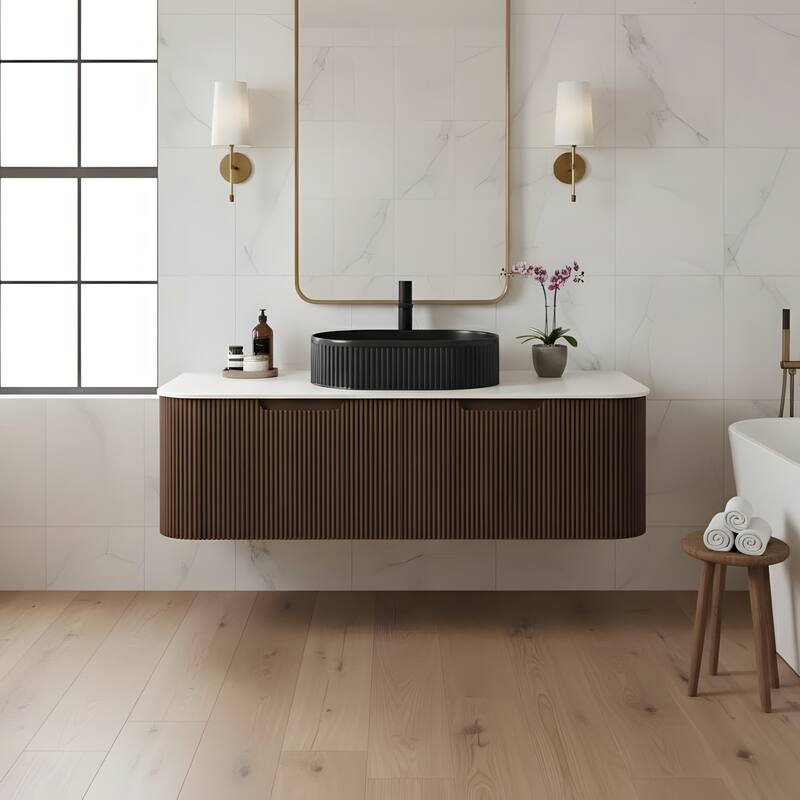 Wall Mounted Bathroom Vanity with Black Oval Ceramic Basin - 48 - Dark Walnut