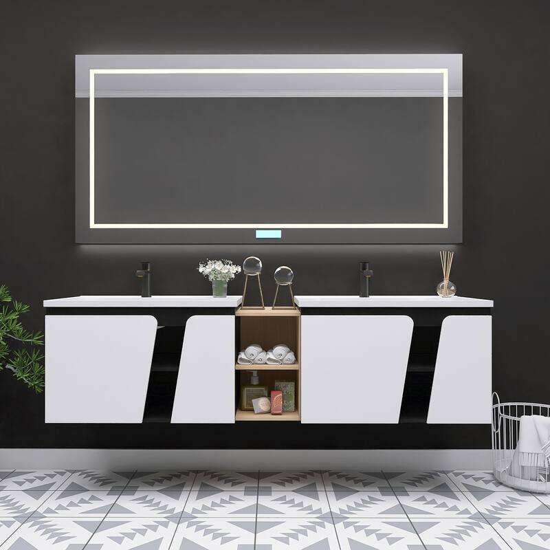 Bathroom Vanity With Sink In 32/36/40/84/76/92 Inch, Floating Bathroom Vanity With Soft Close Door - 75.4''W×19.9''D×20.1''H - Black