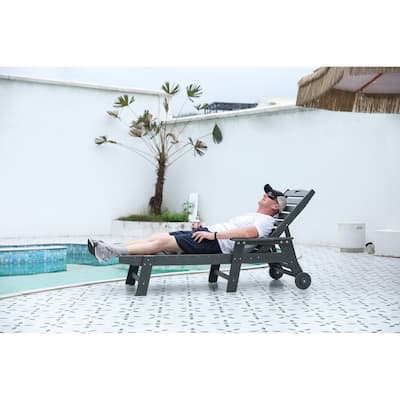 Outdoor Patio Wooden Oversized Chaise Lounge Chair w/ 5 Positions for Pool, Deck, Poolside, Grey
