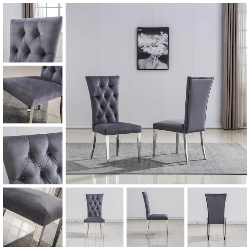Modern Stylish Grey Velvet Buttons Tufted Upholstered Dining Room Chairs with Silver Stainless Steel Legs