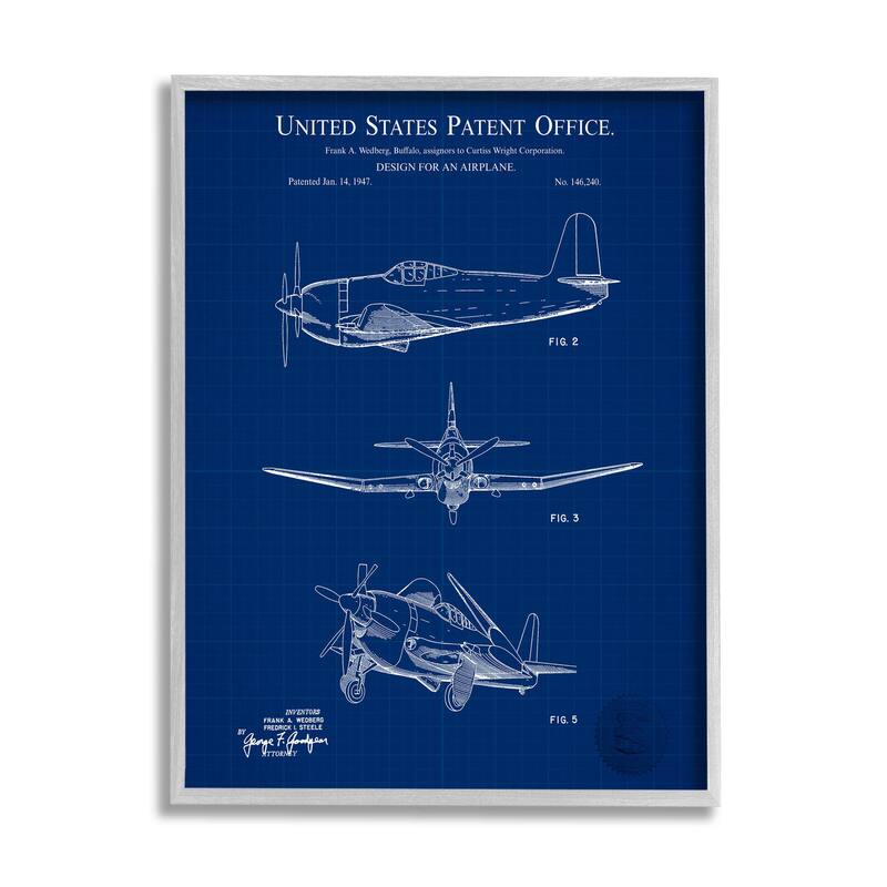 Stupell Blueprint Patent Airplane Diagram Framed Giclee Art, Design by Karl Hronek - 11 x 14 - Grey