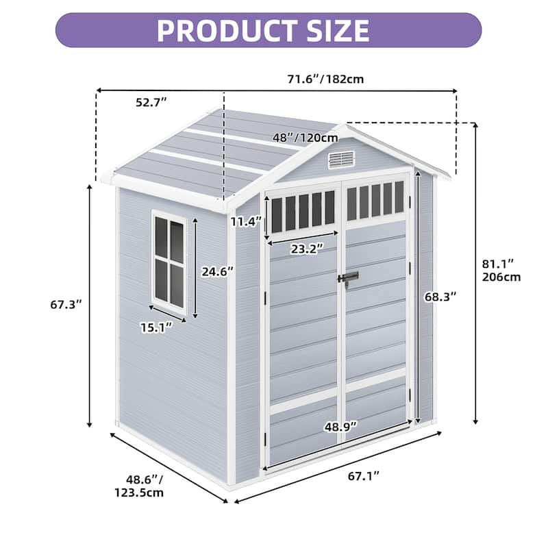 6x4.4 FT Resin Storage Shed with Fence-Style and Side Windows - 6' X 4.4'