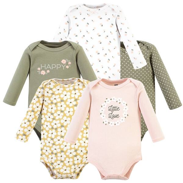 slide 1 of 1, Hudson Baby Infant Girl Cotton Long-Sleeve Bodysuits, Sage Floral Wreath 5 Pack 0-3 Months - Sage Floral Wreath 5 Pack