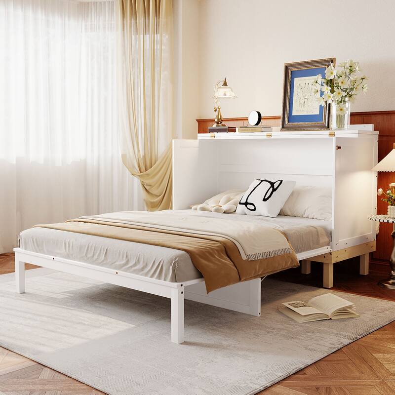 Space-Saving Queen Size Murphy Bed in White/Gray with Sturdy Pine Wood and MDF Construction