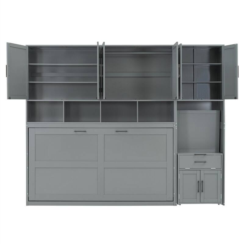 Twin Size Murphy Bed with Closet, Desk and Storage Shelves, Space Saving Design Murphy Bed Cabinet with Open Storage