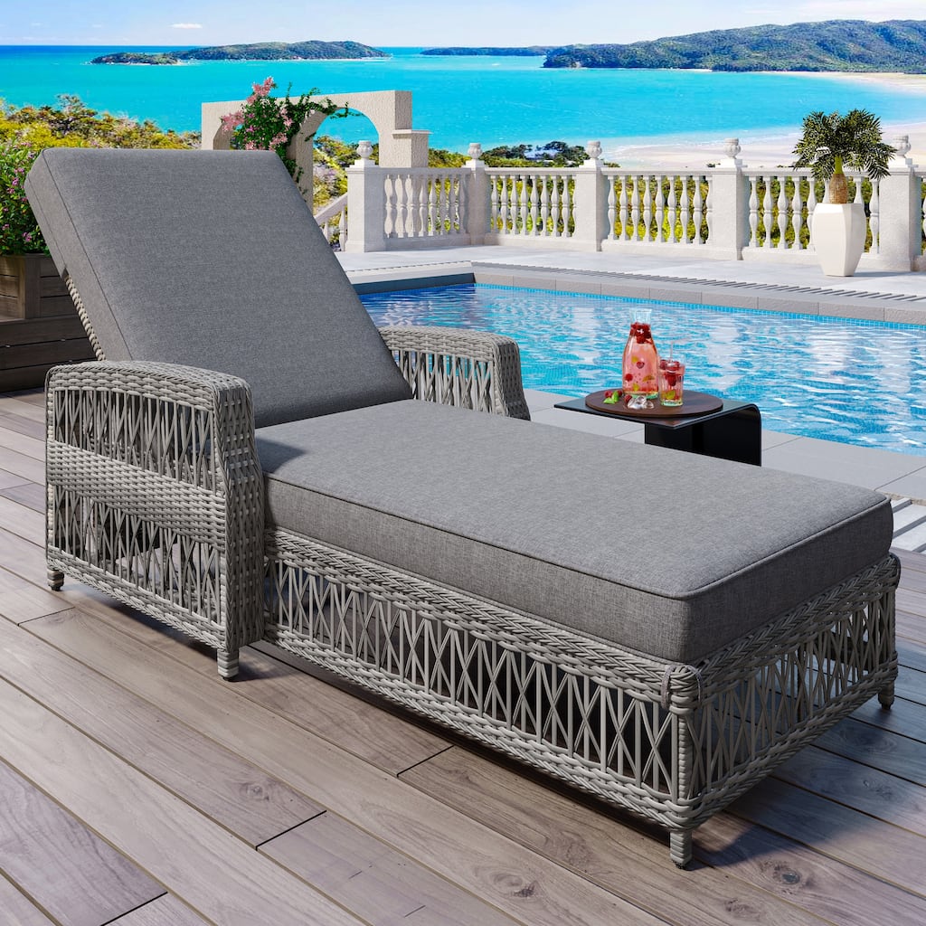 Anmytek Adjustable Wicker Outdoor Chaise Lounge with Gray Cushions and Armrests