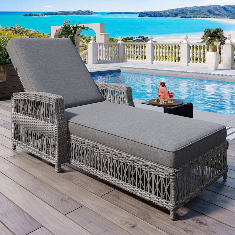 Outdoor Long Reclining Chaise, Wicker Lounge with Armrests, Patio Adjustable Recliner with Cushions - Grey
