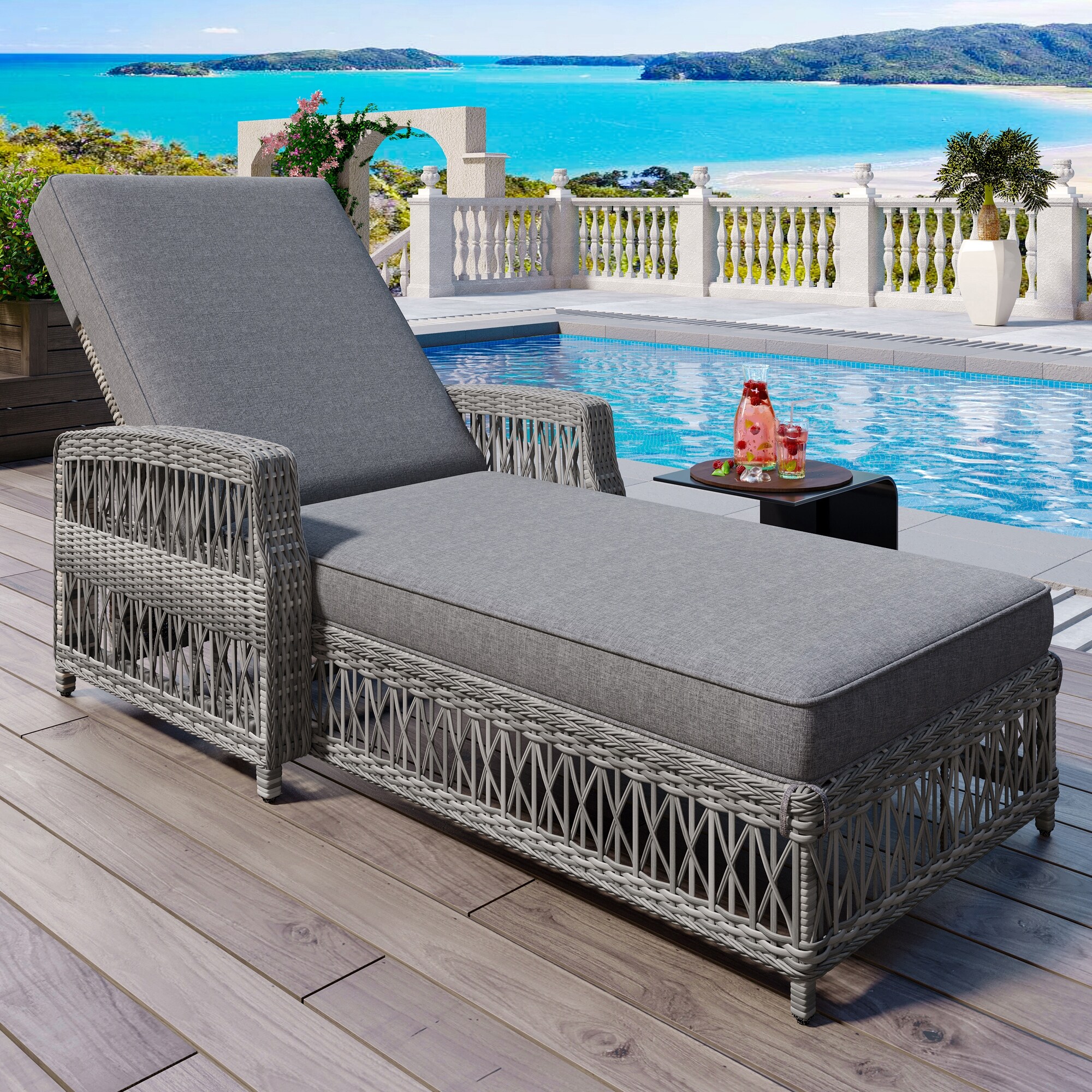 Outdoor Long Reclining Chaise, Wicker Lounge with Armrests, Patio Adjustable Recliner with Soft Removable Cushions