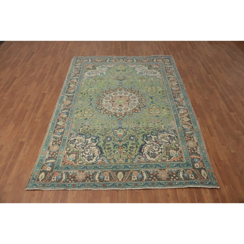 Hand Knotted Oriental 100% Wool Carpet Traditional Floral Green Tabriz Area Rug - 9' 2'' X 6' 7''