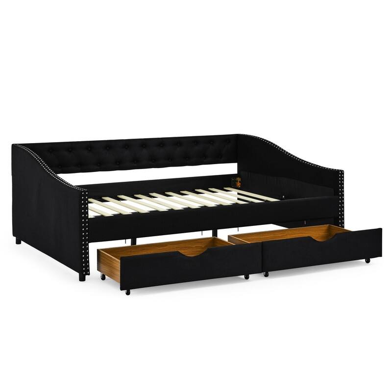 Full Daybed with Drawers,Linen Upholstered Bed with Button on Back and Copper Nail