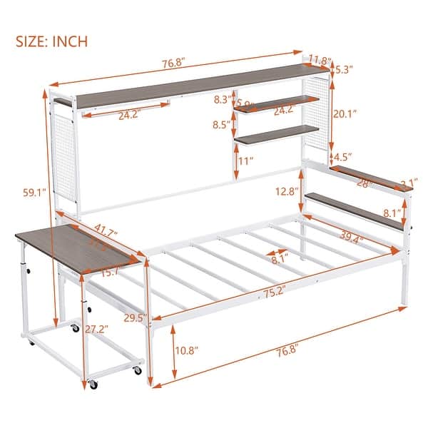 dimension image slide 1 of 4, Metal Daybed with Movable Desk, Metal Slat Support Bed Frame Metal Grid, Shelves and Clothes Hanger