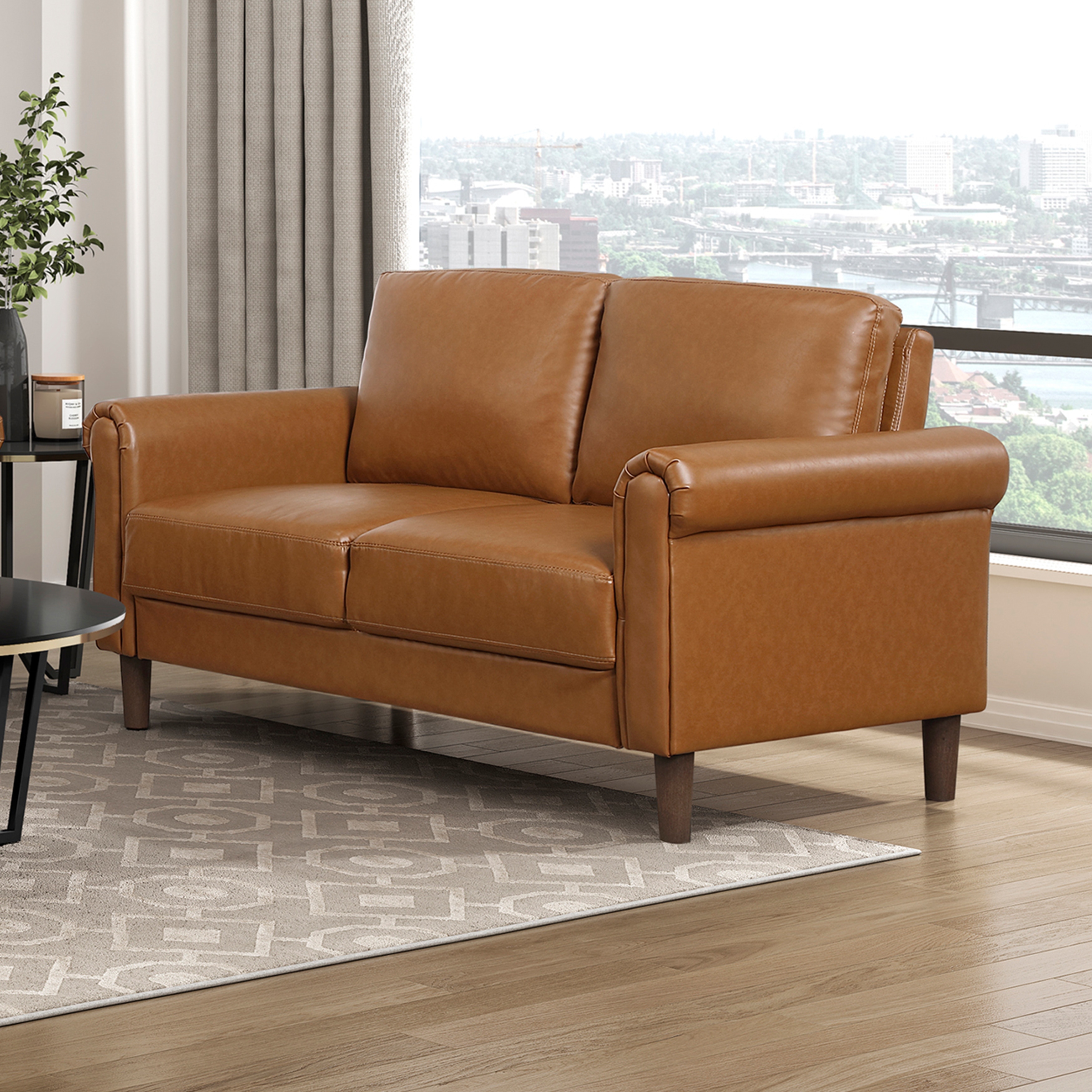 Fremont & Park Frances 57" Faux Leather Living Room Loveseat - Brown Finish Feet