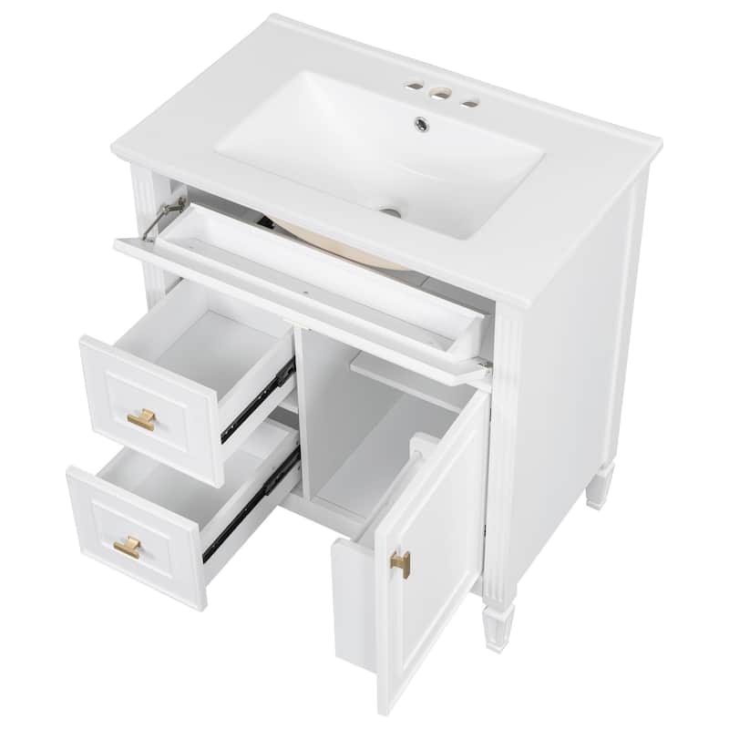 GDFStudio - Avalon 30-Inch Freestanding Bathroom Vanity with Ceramic Sink, Flip Drawer, Solid Wood & MDF Board
