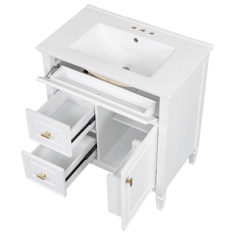 Roomfitters 30" Bathroom Vanity with Ceramic Sink, Solid Wood Frame with Flip Drawer, 2 Side Drawers & Adjustable Shelf